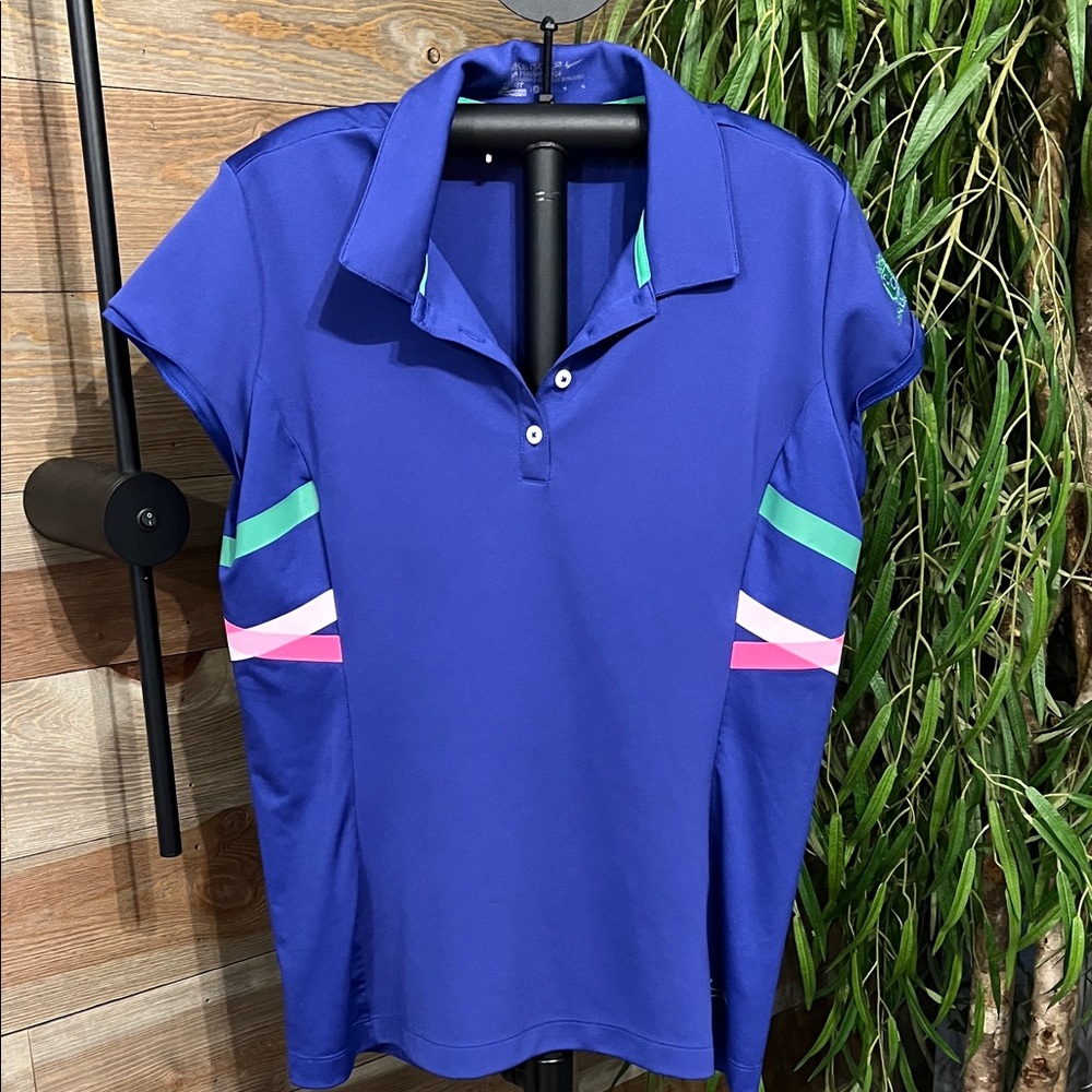 Nike short sleeved golf polo. Bright purple with pink green stripes L